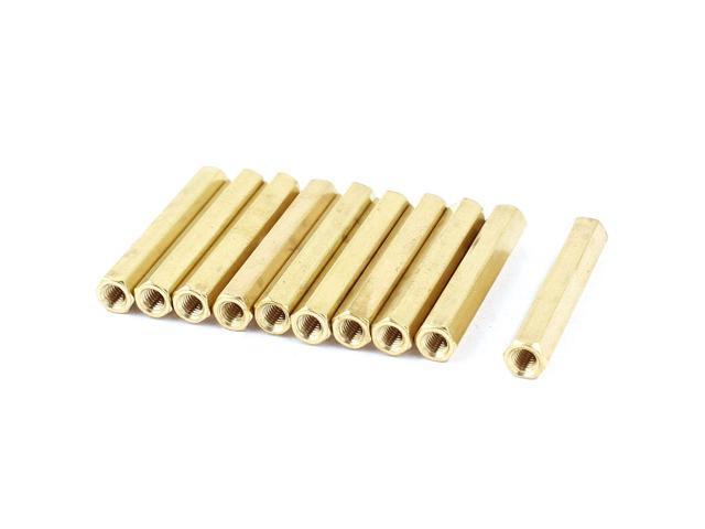 M3X55MM Female To Female Thread Brass Hex Standoff PCB Pillar Spacer - a collection of ten gold-colored hexagonal metal spacers arranged in a row.