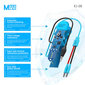 MAANT KJ-08 feature diagram showing current indication, voltage indicators, reverse-polarity protection and power button