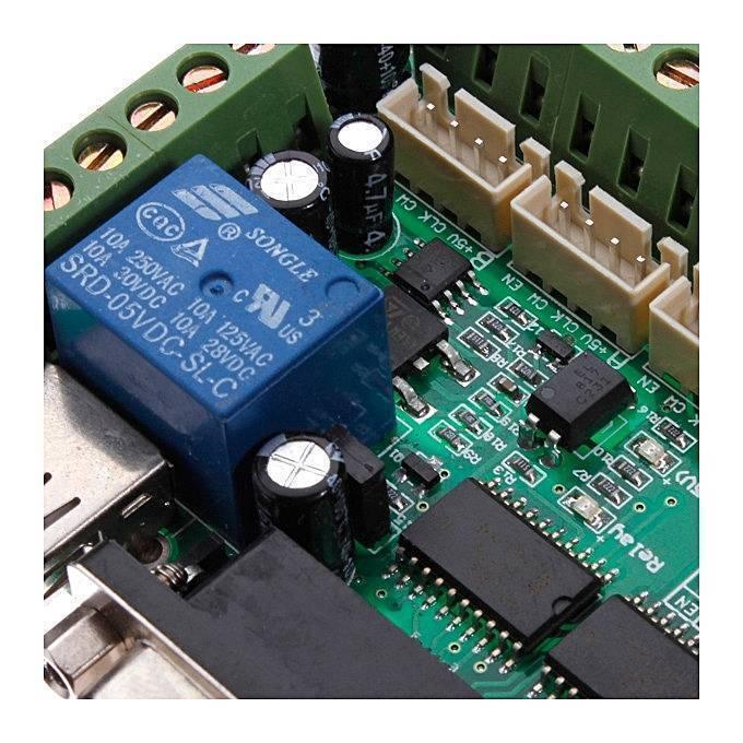 Mach3 Breakout Board 5 Axes CNC Breakout Board - a blue Songle relay, green terminal blocks, white pin headers, and integrated circuitry.