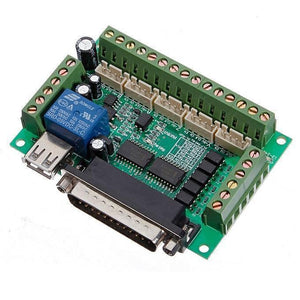 Mach3 Breakout Board 5 Axes CNC Breakout Board - a green circuit board with a DB25 parallel port, a USB port, a blue relay, and screw terminals.