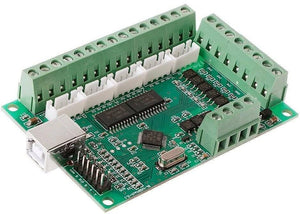Mach3 USB CNC Interface Board BL-usbmach-V2.0 Mach3 CNC Board - a green circuit board featuring a USB port, multiple white pin headers, and green screw terminal blocks.