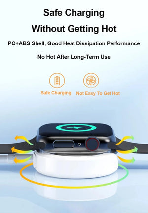 Magnetic Wireless Smartwatch Charging Cable - shown as a white circular magnetic charger connected to the back of a black smartwatch with a green icon.