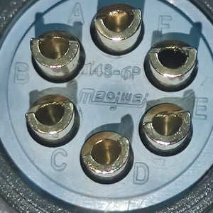 Maojwei IS09001 14S-6p Military Connector - a close-up view of the circular grey face showing six gold-plated pin sockets labeled A through F.