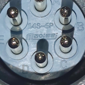 Maojwei IS09001 14S-6p Military Connector - a close-up view of the circular grey interface showing six metal pins and embossed lettering including 14S-6P.