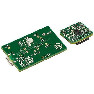 MAX30101/ MAX30102 Accevkit - shown as two green printed circuit boards, one with a micro-USB port and the other with a small black sensor component.