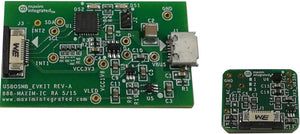 MAX30101/ MAX30102 Accevkit - two green rectangular circuit boards, one with a micro-USB port and the other with a small ribbon cable connector.