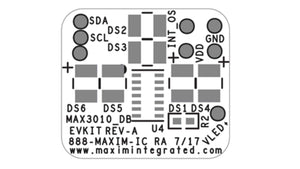 MAX30101/ MAX30102 Accevkit - a white PCB diagram showing component footprints, labels for SDA, SCL, INT, VDD, GND, VLED, and the MAX3010_DB text.