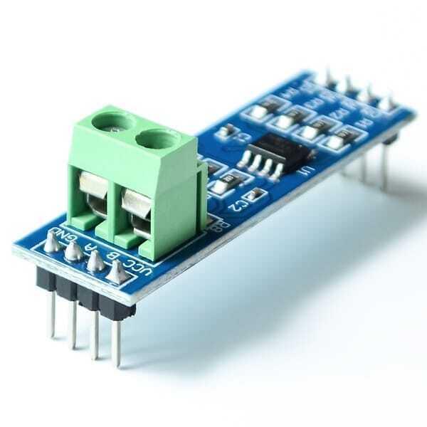MAX485 RS485 TTL To Rs-485 Converter Module - a blue circuit board, a green two-pin screw terminal, and a row of four downward-facing header pins.