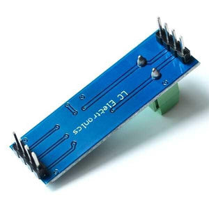 MAX485 RS485 TTL To Rs-485 Converter Module - a blue rectangular circuit board with a green terminal block and two rows of silver header pins.