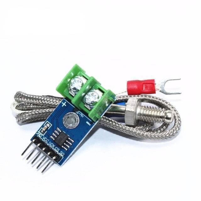 MAX6675 Module + k Type Thermocouple Sensor - with a blue circuit board, a green screw terminal, and a braided metal cable with a ring terminal.