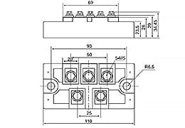 MDS150-16 Three Phase Diode Bridge Rectifier 150A 1600V | Digilog.pk - technical dimension diagram showing the top and front views with measurements in millimeters.