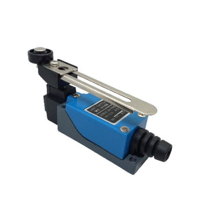 Me-8108 Mini Limit Switch - a blue and black rectangular body, a long adjustable metal lever arm with a roller, and a black cable gland.