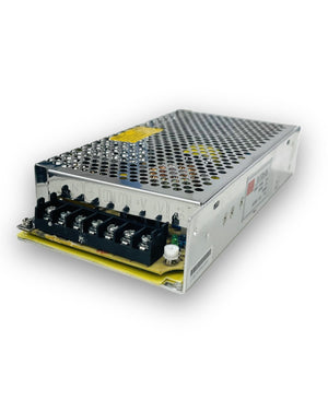 Meanwell 120W 5A 24V 5A Meanwell Power Supply - a silver rectangular metal unit with a perforated top, screw terminal block, and a white adjustment knob.
