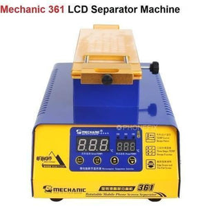 Mechanic 361 Rotatable LCD Touch Screen Preheat Separator For Phone Repair Heating Split Screen Station - a blue and yellow heating station with a rotatable top plate and a front panel featuring a digital temperature display.