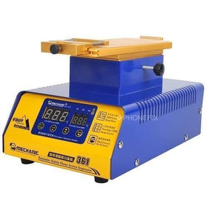 Mechanic 361 Rotatable LCD Touch Screen Preheat Separator For Phone Repair Heating Split Screen Station - a blue and yellow heating station with a digital display, control buttons, and a top clamp.