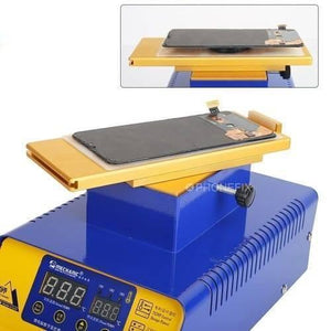 Mechanic 361 Rotatable LCD Touch Screen Preheat Separator For Phone Repair Heating Split Screen Station - a blue and yellow heating station with a digital display and a phone screen on top.