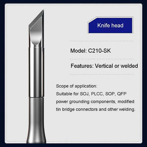 MECHANIC C210 SK SOLDERING IRON TIP - silver-coloured metal soldering iron tip with a slanted, knife-shaped head, displayed alongside product model C210-SK and application details.