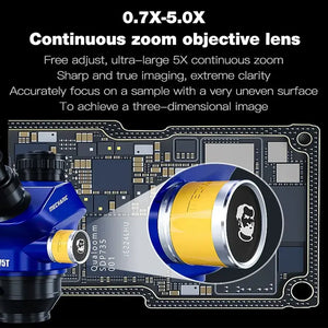 MECHANIC D75T-B11 50X TRINOCULAR STEREO MICROSCOPE - blue metallic microscope lens with a yellow rotating collar, a "MECHANIC" label, and a circular emblem featuring a bearded man's profile.