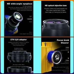 MECHANIC D75T-B11 50X TRINOCULAR STEREO MICROSCOPE - four panels showing microscope components including a black wide-angle eyepiece, a dark objective lens, a black cylindrical adapter, and a yellow focus knob.