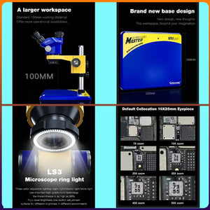 MECHANIC D75T-B11 50X TRINOCULAR STEREO MICROSCOPE - blue and yellow microscope with a tall stand, base plate with "MASTER" text, circular ring light, and examples of various zoom levels on a circuit board.