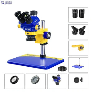 MECHANIC D75T-B11 50X TRINOCULAR STEREO MICROSCOPE - blue and yellow stereo microscope on a rectangular base with a metal stand, accompanied by separate accessory lenses, rubber eyecups, and LED ring lights.