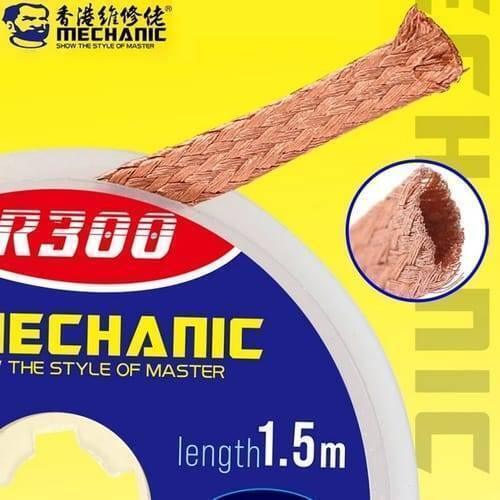 Mechanic Desoldering Wire R300 1.5m 2.5mm BGA Welding Desoldering Wick Braid Tin - a spool of copper braided wick with a 1.5m length label and a circular inset highlighting the braided texture.