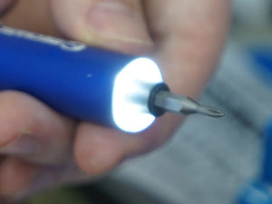 Mechanic Electric Screwdriver ES420 Price - a close-up showing the blue handle with an illuminated LED ring around the inserted metal screwdriver bit.