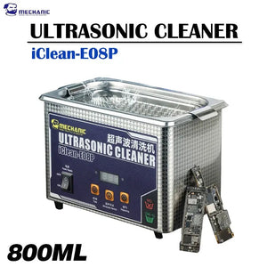 Mechanic iClean-E08P Ultrasonic Cleaner For Phones Motherboard Camera Glass Black Spot Cleaning Machine - with a stainless steel tank, digital display, power switch, three control buttons, and two phone motherboards.
