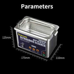 Mechanic iClean-E08P Ultrasonic Cleaner For Phones Motherboard Camera Glass Black Spot Cleaning Machine - and silver rectangular unit with a control panel, display, and dimension labels on a black background.