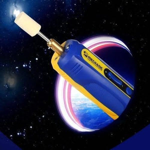 Mechanic IR10 Pro Oca Glue Remove Motor For Phone Screen Glue Cleaning Degumming And Grinding - a blue and yellow handheld device with a white grinding bit attached, shown against a space-themed background.