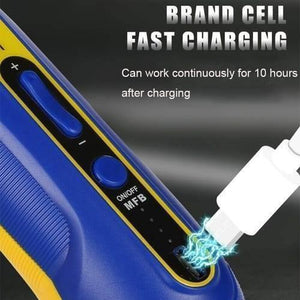 Mechanic IR10 Pro Oca Glue Remove Motor For Phone Screen Glue Cleaning Degumming And Grinding - a blue and yellow handheld device with a charging cable, MFB power button, and volume controls, being charged.