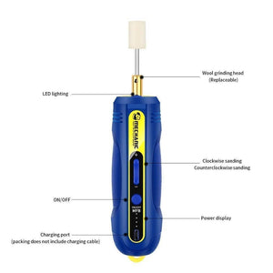 Mechanic IR10 Pro Oca Glue Remove Motor For Phone Screen Glue Cleaning Degumming And Grinding - a blue handheld electric grinding tool with a wool head, LED light, rotation switch, power button, battery display, and charging port.