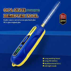 Mechanic IR10 Pro Oca Glue Remove Motor For Phone Screen Glue Cleaning Degumming And Grinding - Remover Tool in blue and yellow, showing a handheld motor with a metal tip, power button, speed controls, and LED indicators.