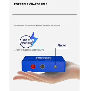 Mechanic Ishort Pro Multi-functional Short Killer Circuit Detector Shortkiller Device Tester - a blue rectangular device held in a hand featuring a red port, a black port, and a micro USB charging port.