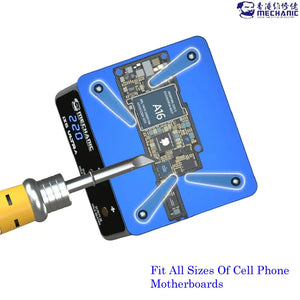 MECHANIC IX5 ULTRA UNIVERSAL PREHEATING PLATFORM - blue square heating station with a black circuit board clamped by four metal arms, featuring a screwdriver tip and text including "mechanic" and "a16".