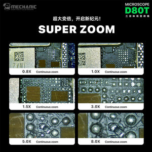 MC D80T microscope zoom magnification comparison 0.8X to 8.0X on PCB