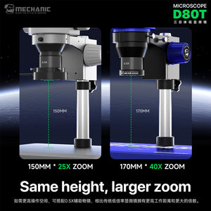 MC D80T microscope stand height comparison 150mm 25X vs 170mm 40X zoom