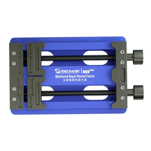 Mechanic MR6 Max Adjustable PCB Board Fixed Holder For Phone Motherboard CPU Repair Rework Fixture IC Chip Soldering Clamp - a blue metal PCB holder with two adjustable threaded rods and two grey clamping plates.