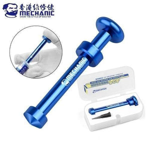 Mechanic P08 Aluminum Alloy Needle Tube Piston Solder Paste Flux Welding Oil Booster Pusher - a blue metal manual pusher, a close-up of its use, and a storage case containing a spare pusher.
