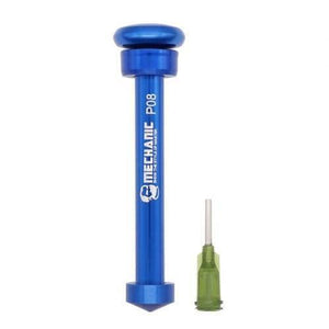 Mechanic P08 Aluminum Alloy Needle Tube Piston Solder Paste Flux Welding Oil Booster Pusher - a blue cylindrical metal plunger tool next to a single green-capped needle tip.