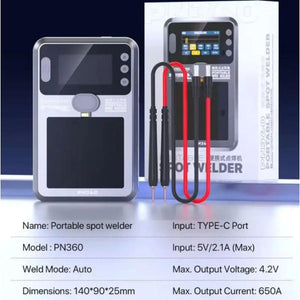 Mechanic PN360 Portable Spot Welder Built-in Battery TFT Display - shown with its silver unit, a black and red welding pen set, its product box, and a printed technical specification list.
