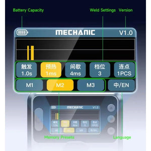 Mechanic PN360 Portable Spot Welder Built-in Battery TFT Display - a close-up of its TFT display interface, highlighting battery, weld settings, memory presets, and language.