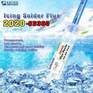 MECHANIC SD360 FLUX PASTE - Soldering Flux - clear plastic syringe containing solder flux, featuring a blue plunger and a white label with text including "SD360" and "MECHANIC" branding.
