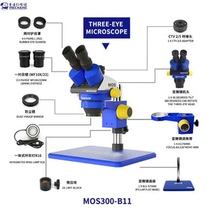 MECHANIC SUPER X PRO-B11 TRINOCULAR STEREO MICROSCOPE - blue and silver three-eye microscope with a flat base, rubber eye guards, ring lamp, and yellow adjustment knobs, presented with individual accessory callouts.