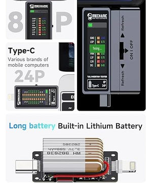 Mechanic T-824 Charging Port Pin Tester Current Power Check Type-C 8 Pin Phones - a grey device with a digital screen, side power switch, Type-C and 8-pin connectors, and internal battery.