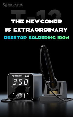 Mechanic T12 Desktop Soldering Iron Station - a black control unit with a digital display reading 350, two buttons, and a soldering iron in a stand.