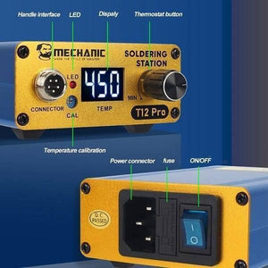 Mechanic T12 Pro Digital Electric Temperature Controller Soldering Iron Station - the gold-toned front and rear panels with a digital display reading 450, a control knob, ports, and power switch.