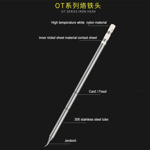 MECHANIC TIP OT 2.4D - Soldering Iron Tip - long, slender, metallic soldering tip with a white nylon top, a 306 stainless steel tube body, and a curved tip labeled with the word Jerdonii.