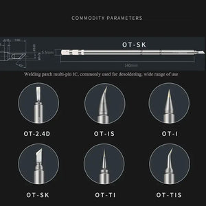 MECHANIC TIP OT SK - Soldering Iron Tip - a technical diagram featuring a silver soldering iron tip labeled OT-SK and six circular insets displaying different tip shapes labeled OT-2.4D, IS, I, SK, TI, TIS.