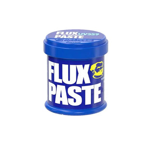 MECHANIC UV 559 JAR HALOGEN FREE FLUX PASTE 100G - Soldering Flux - cylindrical blue plastic container of flux paste with a lid, featuring white text and a yellow graphic of a man's head on the label.